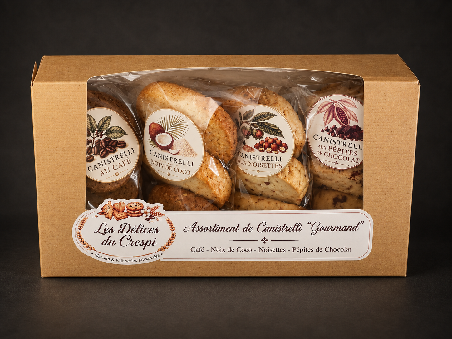 ASSORTIMENT DE CANISTRELLI "GOURMAND" Café - Noix de coco - Noisettes - Pépites de chocolat